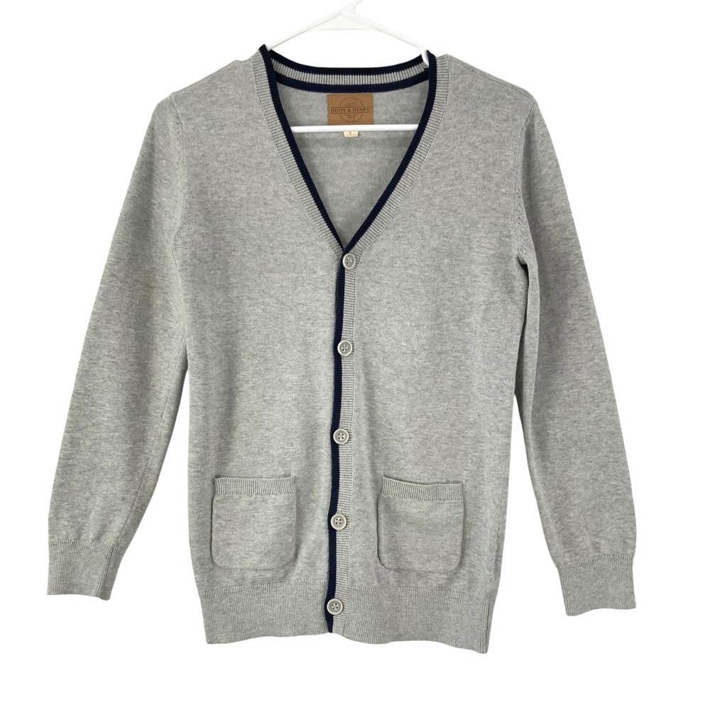Hope & Henry Womens Grey Organic Cotton V-Neck Cardigan Elbow Patches Size Large